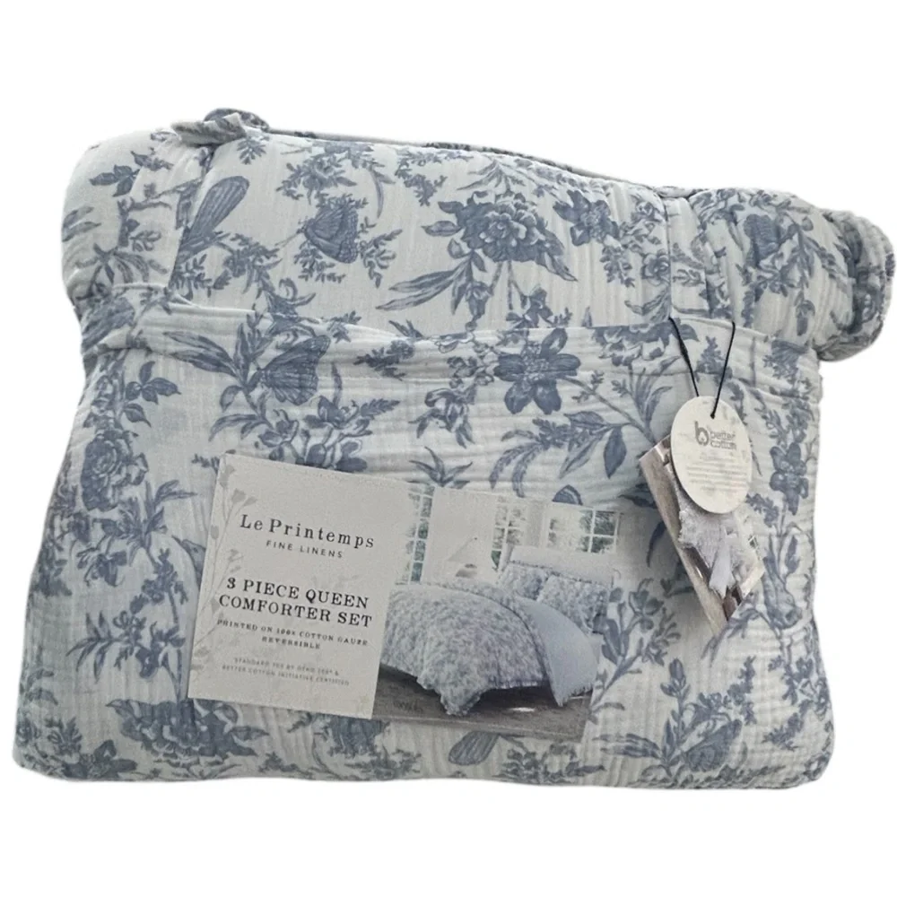 Le Printemps Blue and White Cotton Gauze Reversible Queen Comforter Set 90”x90”